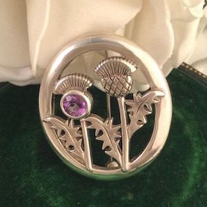 Puede incluir: Un broche de plata con una piedra preciosa púrpura en el centro, que presenta dos cardos estilizados con hojas detalladas.