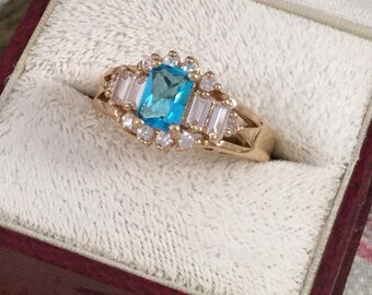 Vintage Jewellery Yellow Gold Ring London Blue Topaz and White Sapphires Antique Art Deco Dress Jewelry medium to large Ring Size 8 or Q