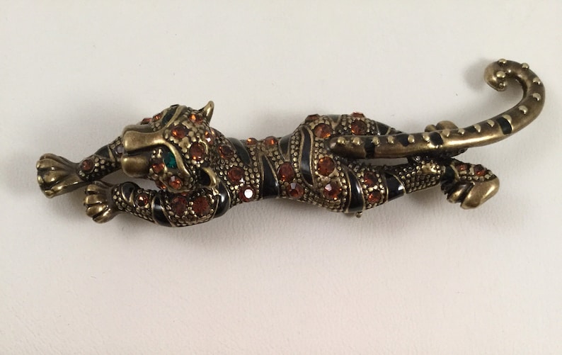 Large Vintage Leopard Panther Brooch Pin with Green Eyes for hats coats scarfs dresses jackets etc