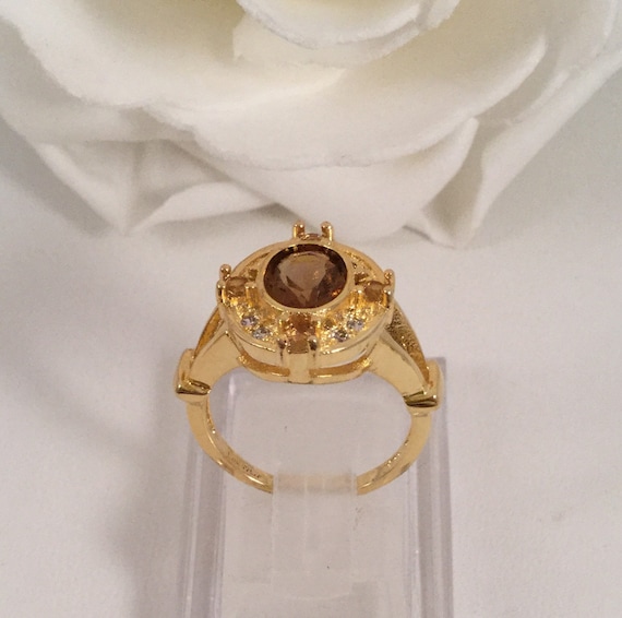 Vintage Jewellery Yellow Gold Ring with Brown Top… - image 5