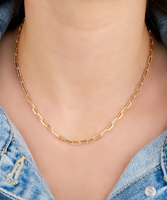 14K Solid White Gold Paperclip Chain Necklace | Paperclip Choker 
