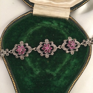 Antique Vintage Jewelry Sterling Silver Bracelet with Rubies and Marcasites  Art Deco Dress Jewellery 18 grams 17.5 cm long