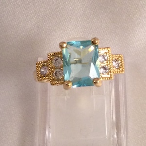 Vintage Sieraden Geel Gouden Ring met Aquamarijn en Witte Saffieren Antieke Art Deco Jurk Sieraden grote ringmaat T