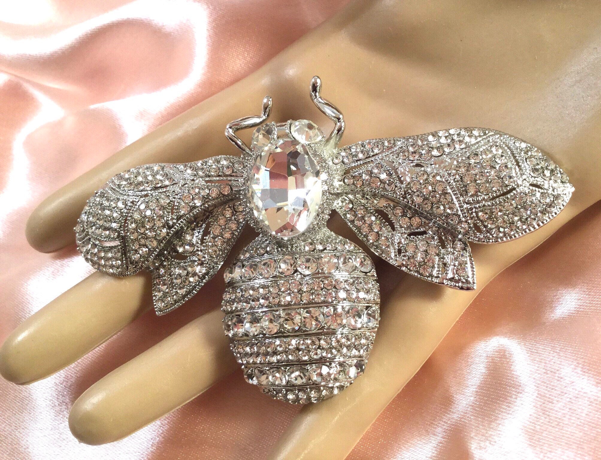 Large Vintage Crystal and Rhinestone Silver Bumblebee Brooch Pin Huge ...