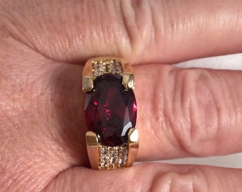 Vintage Jewellery Yellow Gold Ring with Ruby and White Sapphires Antique Art Deco Dress Jewelry very large ring size 12 or Y