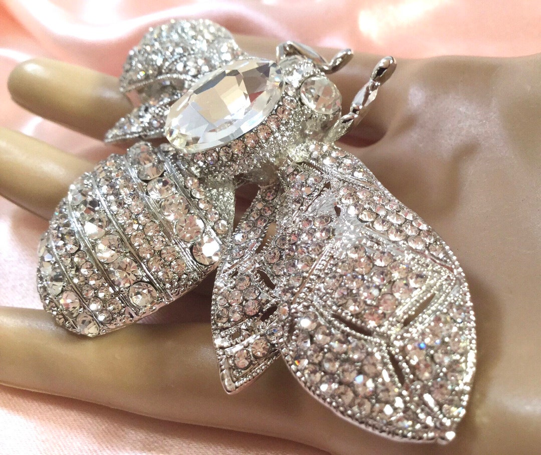 Large Vintage Crystal and Rhinestone Silver Bumblebee Brooch Pin Huge ...