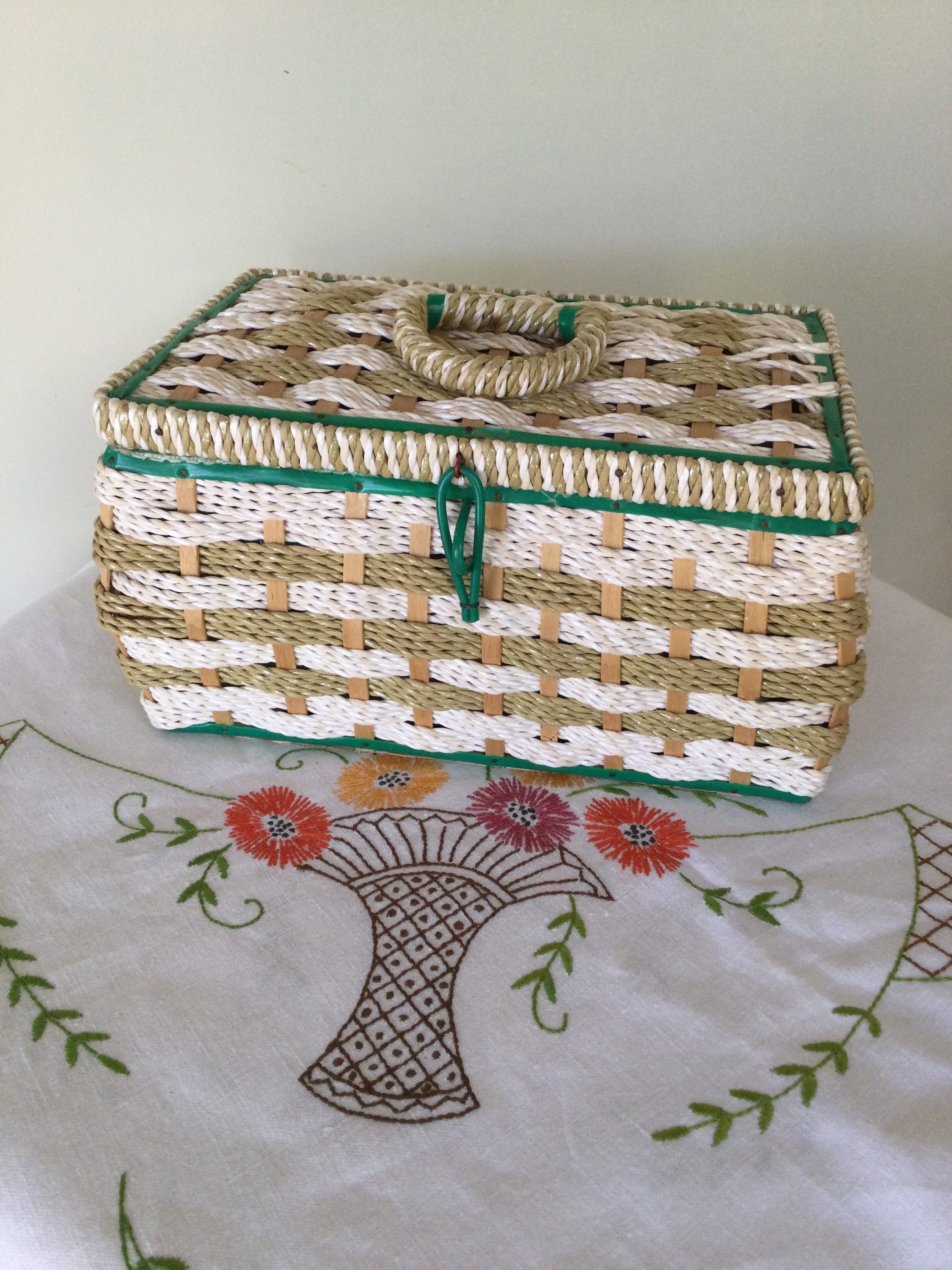 Antique Vintage Large Sewing Basket Box Woven Green and White