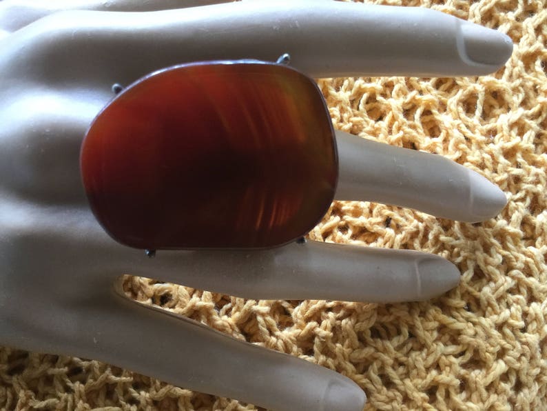 Huge vintage Ring with very large amber coloured Agate Stone Statement Ring size Q or 8 Artisan Hand crafted Artist Handmade
