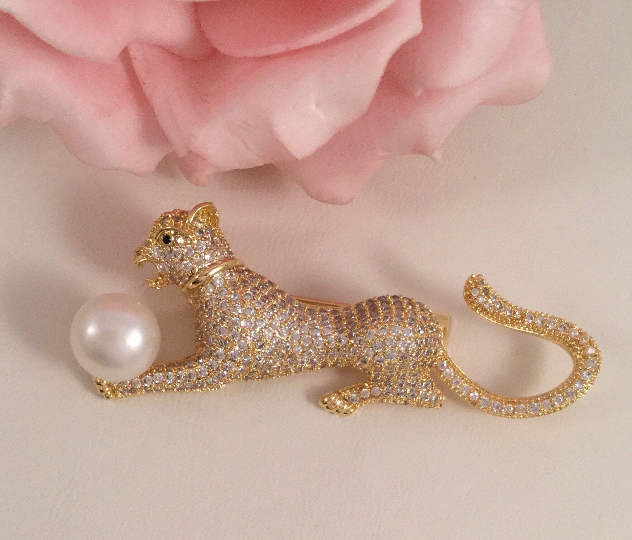 Broche Vintage Panthère - Couleur Or, œil En Cristal Rouge - Modèle 98 - Occasion