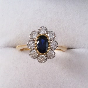 Vintage Jewellery Yellow Gold Ring with Blue and White Sapphires Antique Art Deco Dress Jewelry medium Ring Size P