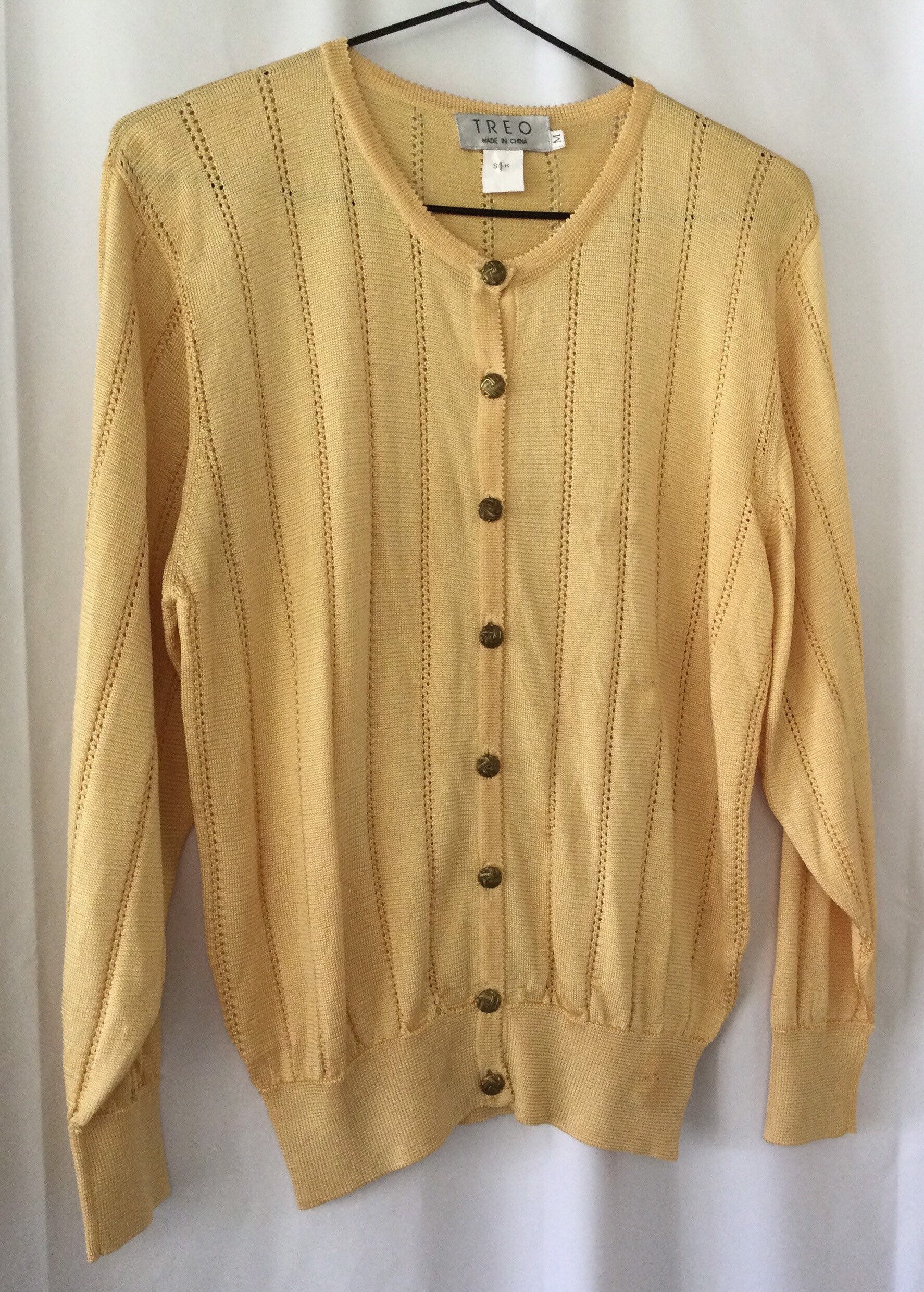 Vintage Fashion Retro Yellow Knitted Silk Cardigan Jumper Gold