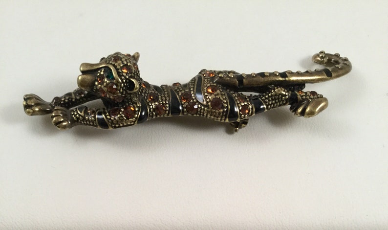 Large Vintage Leopard Panther Brooch Pin with Green Eyes for hats coats scarfs dresses jackets etc