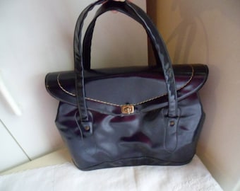 Vintage 1950s Australian navy blue patent leather handbag purse bag