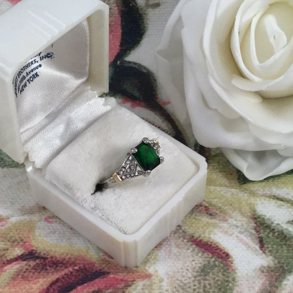 Vintage Art Deco Jewelry Sterling Silver and Gold Ring with Emerald and White Sapphires Antique Jewelry ring size N