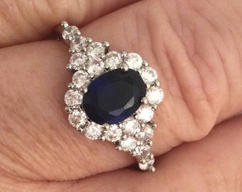 Gold Ring Vintage Jewellery White Gold Ring with Blue and White Sapphires Antique Art Deco Dress Jewelry extra large Ring Size 10 or U