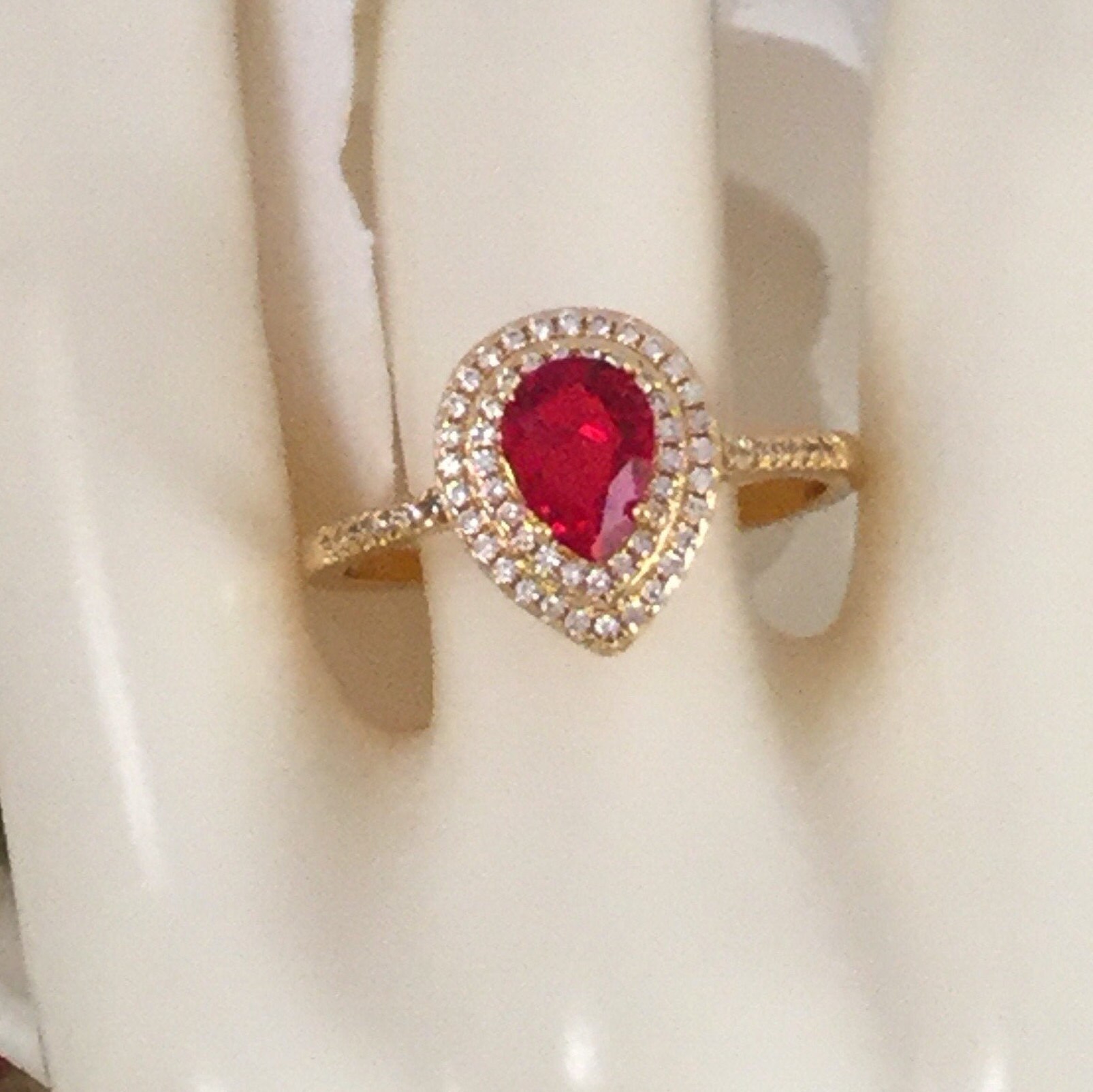 Vintage Jewellery Yellow Gold Ring with Teardrop Ruby and White Sapphires Antique Art Deco Dress Jewelry medium ring size 8