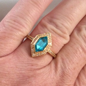 Vintage Jewellery Yellow Gold Ring with blue Topaz and White Sapphires Antique Art Deco Dress Jewelry Large Ring Size T