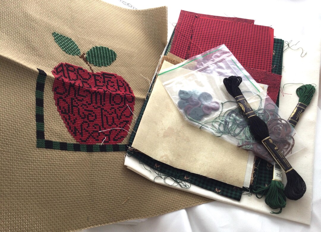 ABC Apples Cross Stitch Kit Pattern Vintage Partly Worked Thread Cloth ...