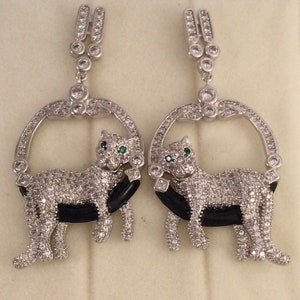 Vintage Jewellery Silver Big Cat Leopard Earrings Emerald Eyes Antique Art Deco Dress Jewelry Cocktail Statement Runway Roseworthysvintage