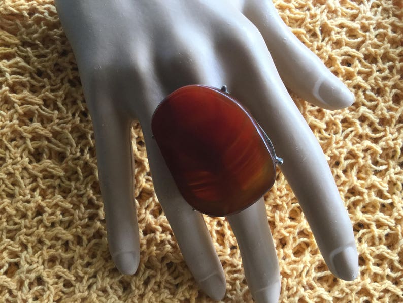 Huge vintage Ring with very large amber coloured Agate Stone Statement Ring size Q or 8 Artisan Hand crafted Artist Handmade