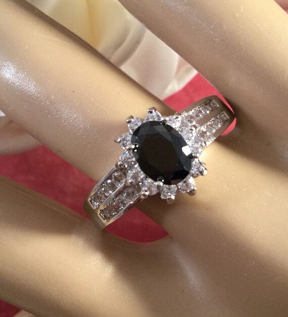 Vintage Jewelry Gold Ring Black and White Sapphires Antique Art Deco Dress Jewellery very large size 11 or W Wedding Bridal Mother of Bride