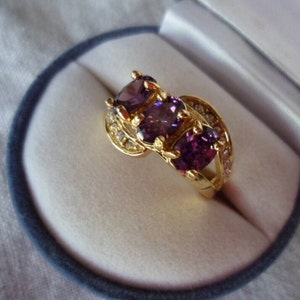 Vintage Yellow Gold Ring with trio of Amethyst and White Sapphires Antique Art Deco Dress Ring medium ring size 8 or Q