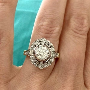 Vintage Jewellery Bright Yellow Gold Ring with White Moissanite Diamond Antique Art Deco Dress Jewelry Extra Large Plus Ring Size 10 or U