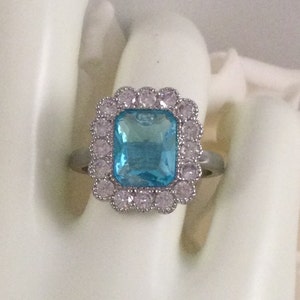 Vintage Jewellery White Gold Ring with Aquamarine and White Sapphires Antique Art Deco Dress Jewelry small ring size 7 or O