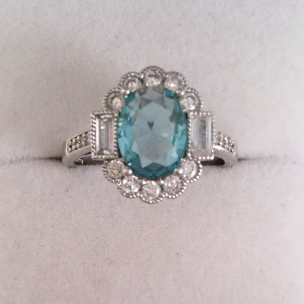 Vintage juwelen witgoud ring met blauwe topaas en witte saffieren antieke Art Deco jurk sieraden kleine ring maat P