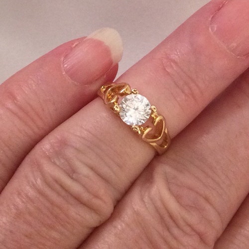 Vintage jewellery Yellow Gold Ring with White Sapphire Antique Art Deco Dress Jewelry small ring size 5 shops Love Hearts on the Band
