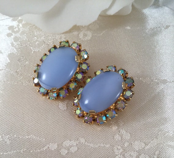Vintage Jewellery Gold Earrings with Large Faux Blue Opals and AB Crystals Victorian Costume Dress Jewelry Vintage Jewellery Gold Earrings with Large Faux Blue Opals and AB Crystals Victorian Costume Dress Jewelry