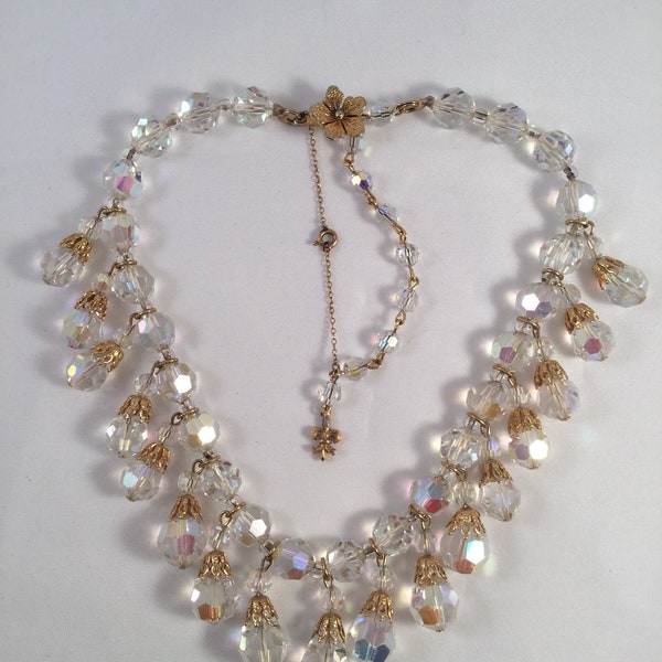 Vintage Schmuck Gold Perlen Halskette Aurora Borealis Crystal AB Perlen mit Gold Endkappen Antik Viktorianisch Revival Kleid Schmuck