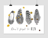 fine-art print Dont forget to FLY poster illustration quote feather bird fly vintage