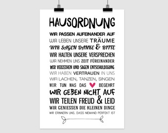 Kunstdruck 'Hausordnung' Hausregeln Zuhause Familie Poster Umzug Wand-Bild Deko Fine Art Print A3/A4