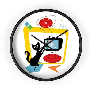 Retro Atomic Black Cat Wall Clock, MCM Wall Clock, Atomic Wall Clock, Cat Lover Clock, Mid Century Modern, Retro Home Decor, 50&#39;s Home Decor