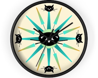 Mid Century Modern Starburst Clock, Retro Atomic Black Cat Wall Clock, Mid Mod Sunburst Clock, MCM Wall Clock, Retro Wall Clock, Cat Clock