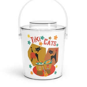 Atomic Tiki Cat Cocktail Ice Bucket, Mid Century Modern Ice Bucket With Tongs, MCM Ice Bucket With Lid, Home Bar Gift, Tiki Cocktail Party