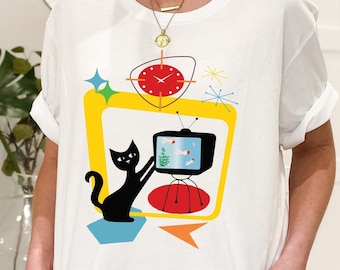 Retro Atomic Black Cat T-Shirt MCM Shirt Atomic T-Shirt Retro Cat Lover T-Shirt Gift For Cat Lover Mid Century Modern Cat Shirt Cat Mom Gift