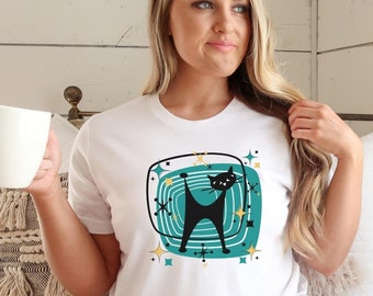 Retro Atomic Black Cat T-Shirt, MCM Shirt, Atomic T-Shirt, Cat Lover T-Shirt, Gift For Cat Lover, Mid Century Modern Cat Shirt, Cat Mom