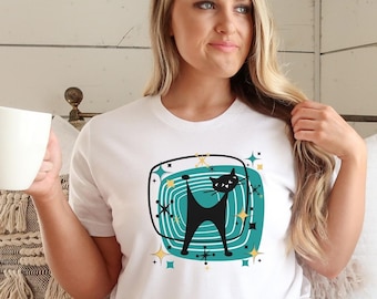 Retro Atomic Black Cat T-Shirt, MCM Shirt, Atomic T-Shirt, Cat Lover T-Shirt, Gift For Cat Lover, Mid Century Modern Cat Shirt, Cat Mom