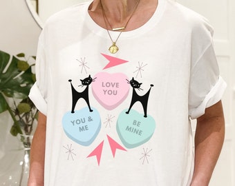 Retro Atomic Black Cat Valentine's Day T-Shirt, Valentine's Day Gift, Cat Lover Shirt, Cat Lover Gift, MCM T-Shirt, Mid Century Modern Cat