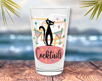 Atomic Cat Drinking Glass Mid Century Modern Glassware MCM Cat Cocktail Glass 16 oz Pint Glass Retro Black Cat Glasses Mid Mod Barware MCM
