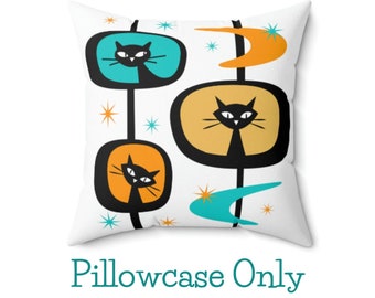 Retro Atomic Black Cat Pillowcase, MCM Pillow Cover, Atomic Pillowcase, Cat Lover Pillow Cover, Gift For Cat Lover, Mid Century Modern