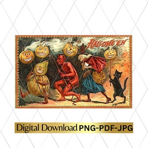 Descarga digital imprimible Halloween imagen gráfica Scrapbooking Junk Journal Artes y Oficios Decoupage Bruja Diablo Calabaza Gato Negro