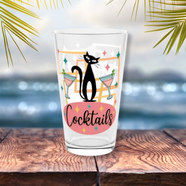 Atomic Cat Drinking Glass Mid Century Modern Glassware MCM Cat Cocktail Glass 16 oz Pint Glass Retro Black Cat Glasses Mid Mod Barware MCM