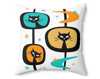 Retro Atomic Black Cat Pillow, MCM Pillow, Atomic Pillow, Cat Lover Pillow, Gift For Cat Lover, Mid Century Modern Pillow, Retro Home Decor