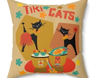 Tiki Cat Pillow, Retro Atomic Black Cat Pillow, MCM Pillow, Atomic Pillow, Hawaiian Pillow, Mid Century Modern Pillow, Retro MCM Home Decor