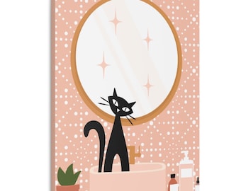 Retro Atomic Black Cat Bathroom Canvas Wall Art, Retro Bathroom Canvas Wall Art, Retro Home Decor, Mid Century Modern Wall Decor, MCM Art