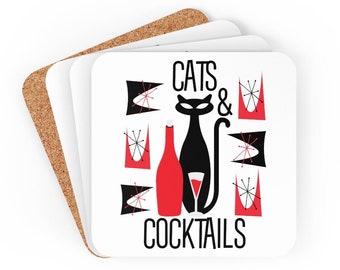 Retro Atomic Black Cat Cocktail Corkwood Coaster Set, Retro Drink Coasters, Black Cat Coasters, MCM Coasters, MCM Cocktail Coaster Set