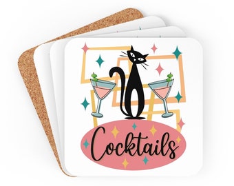 Retro Atomic Black Cat Cocktail Corkwood Coaster Set, Retro Drink Coasters, Black Cat Coasters, MCM Coasters, MCM Cocktail Coaster Set